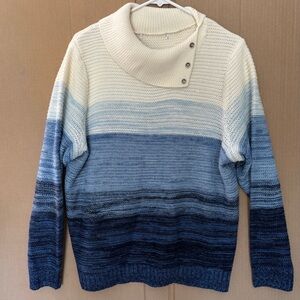 Ombré Blue Knit Sweater Cowl Button Collar Cozy Pullover Acrylic Woman M